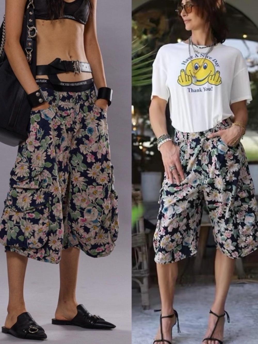 R13 BERMUDA CARGO SHORT - LAYERED BLACK FLORAL